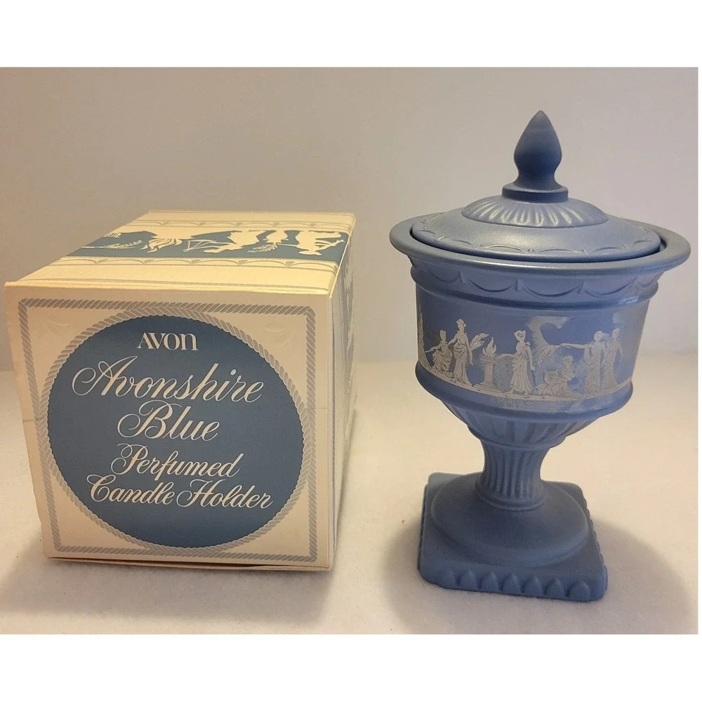 1970s VTG Avon‎ Avonshire Grecian Blue Candle Holder Wedgwood Style Blue w/ Box